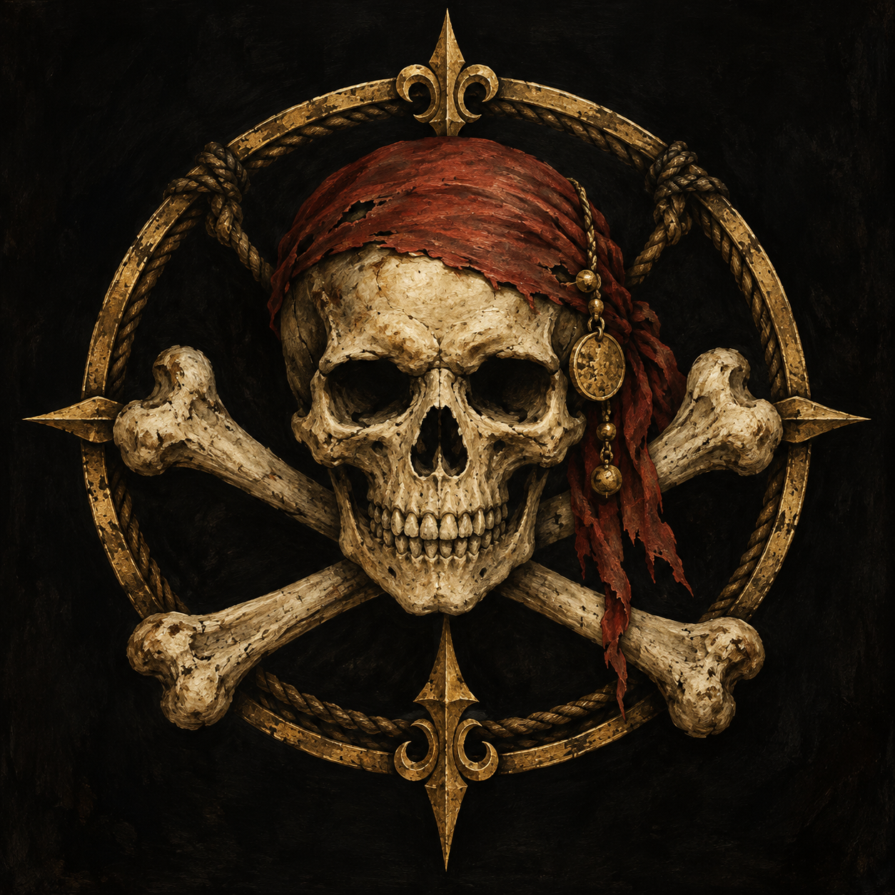 Painted skull and crossbones pirate emblem with crimson headscarf and weathered gold nautical detailing on a black background