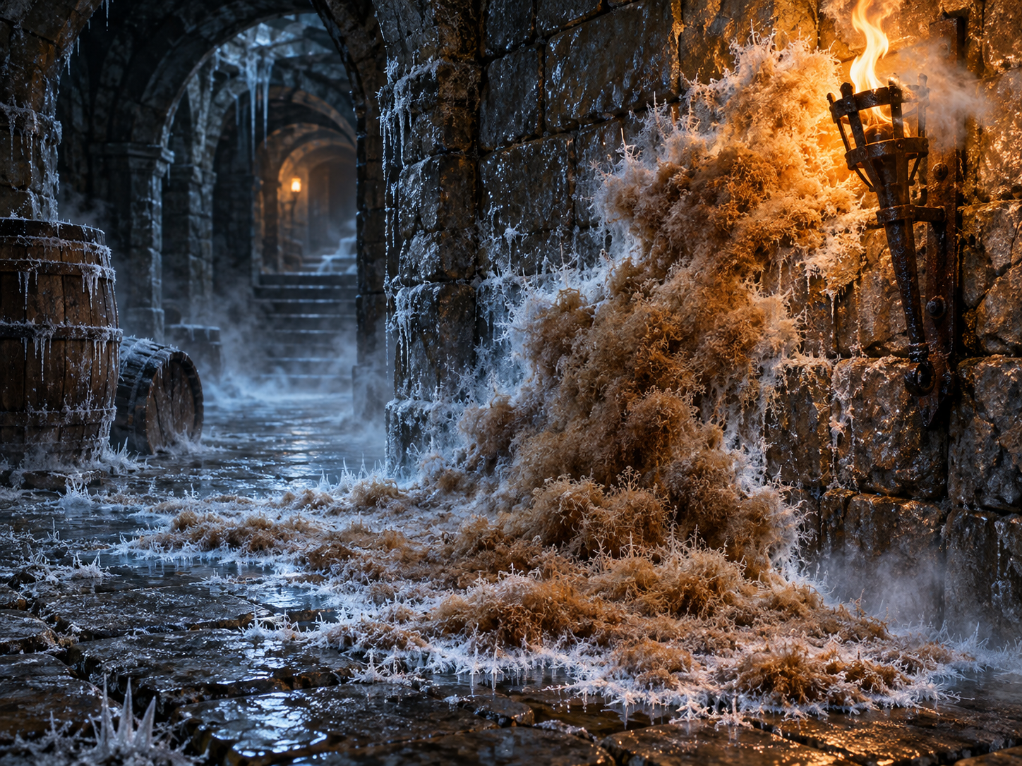 Supernatural brown mold spreading over the frosted walls and floor of a medieval dungeon cellar towards a burning torch