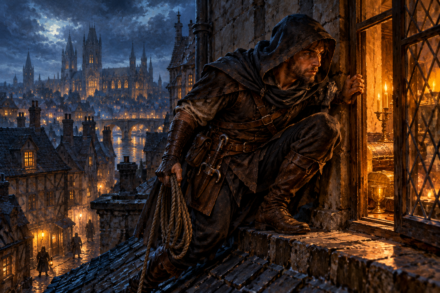A hooded medieval burglar crouches beside a glowing upper-storey window with a coil of rope and thieves’ tools while the watch patrols the streets beneath the rooftops