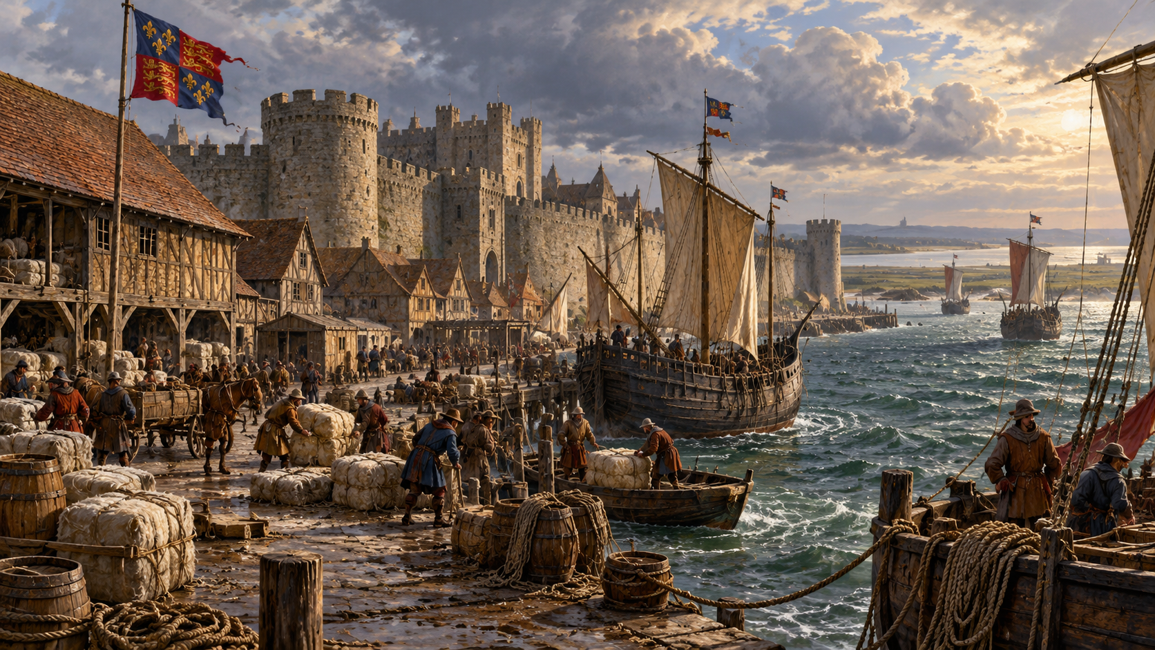 English-held medieval Calais harbour with wool merchants, quay workers, stone walls and trading ships