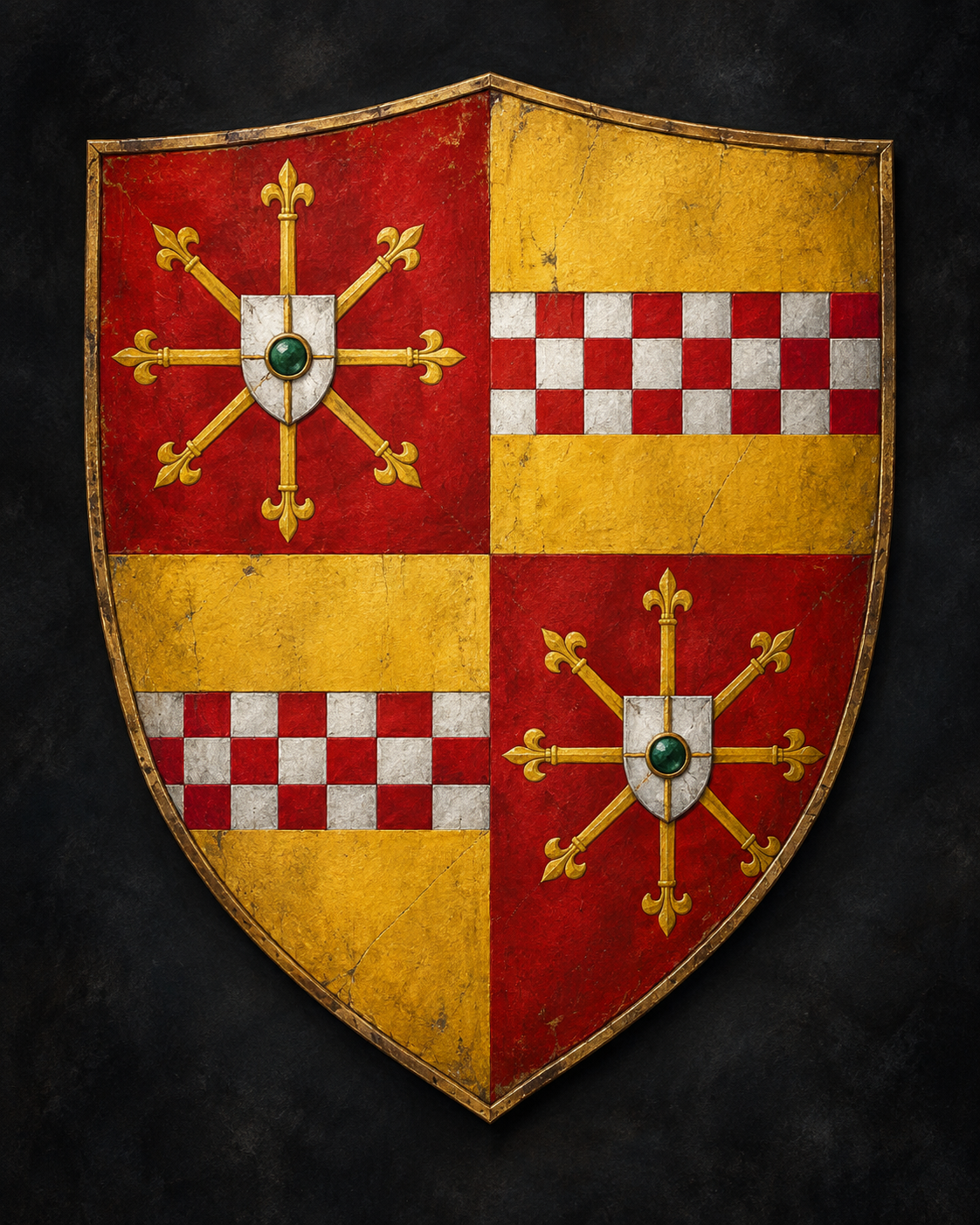 Painted quartered ducal shield of Cleves and Mark: gold escarbuncles on red, alternating with red-and-silver chequered bands on gold