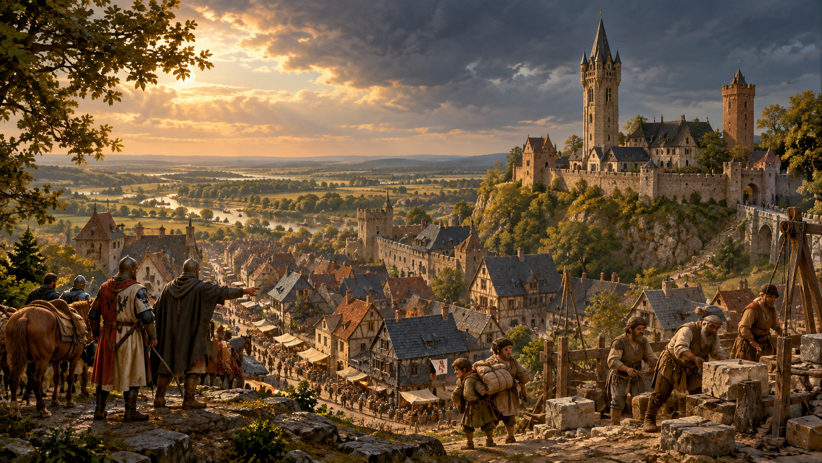 Painted view of Schwanenburg rising above the medieval town and market of Cleves, with travellers and stonemasons on the castle road