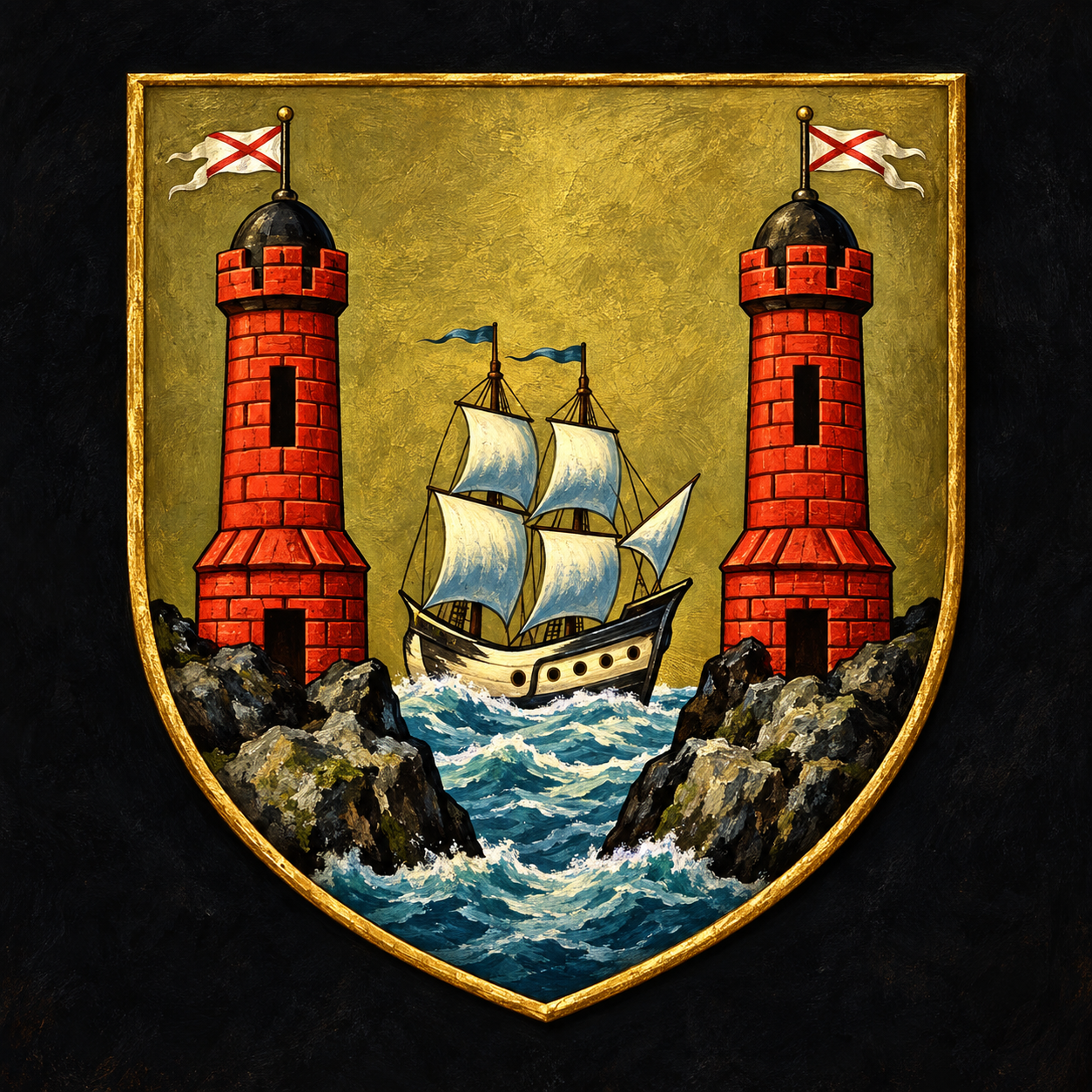 Painted heraldic shield of Cork showing two red towers, a sailing ship and the sea