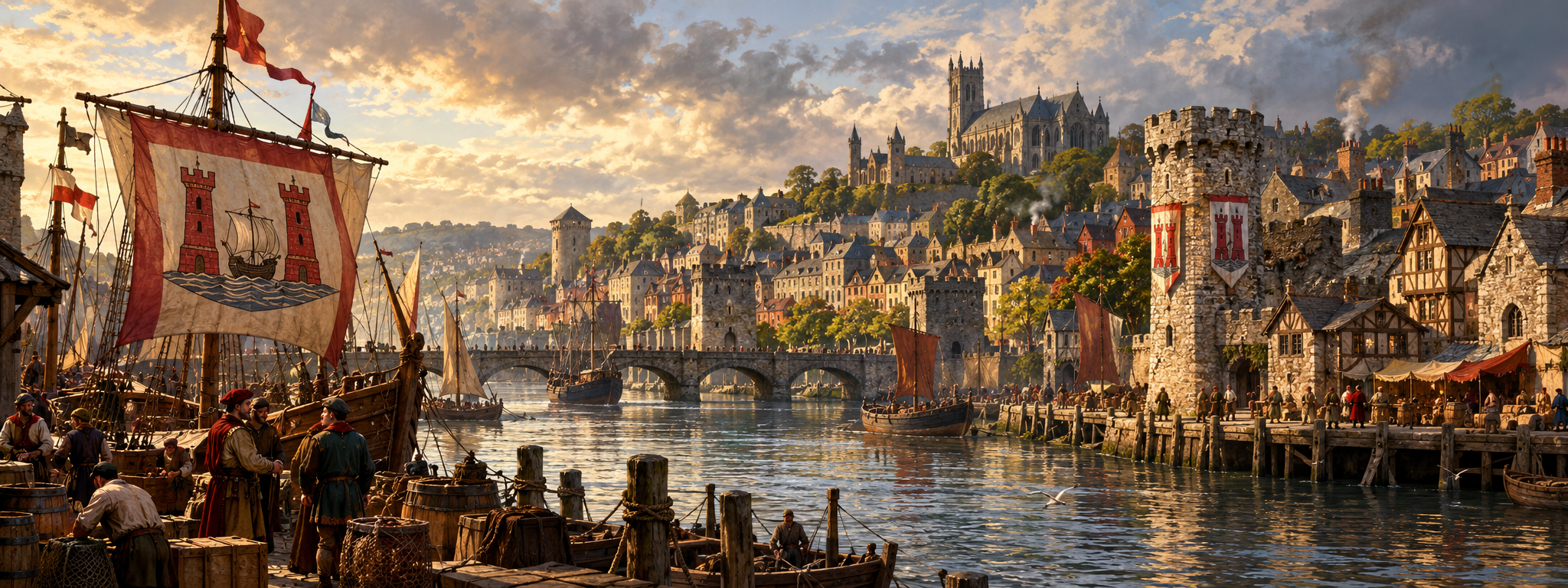 Cork, a walled merchant city on the River Lee, with ships, quays, stone walls and crowded medieval streets