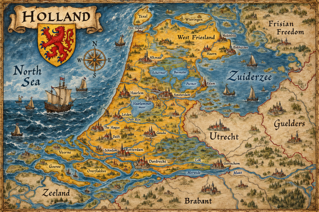 Illustrated map of Holland in 1454, showing the North Sea, Zuiderzee, West Friesland, Haarlem, Leiden, Amsterdam, The Hague, Delft, Rotterdam, Dordrecht, Gouda, the lakes and neighbouring lands