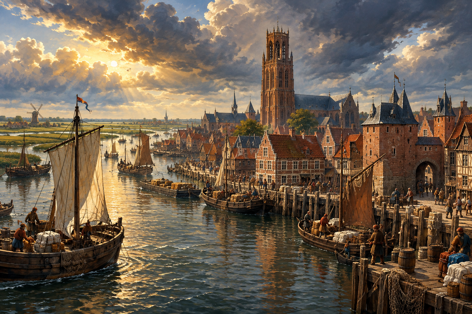 Painted late-medieval Holland harbour with cargo boats, busy merchants, brick townhouses, Gothic church and low wetlands