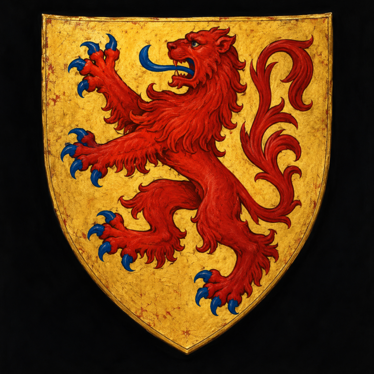 County of Holland heraldry: a red lion rampant on a golden shield, with blue tongue and claws
