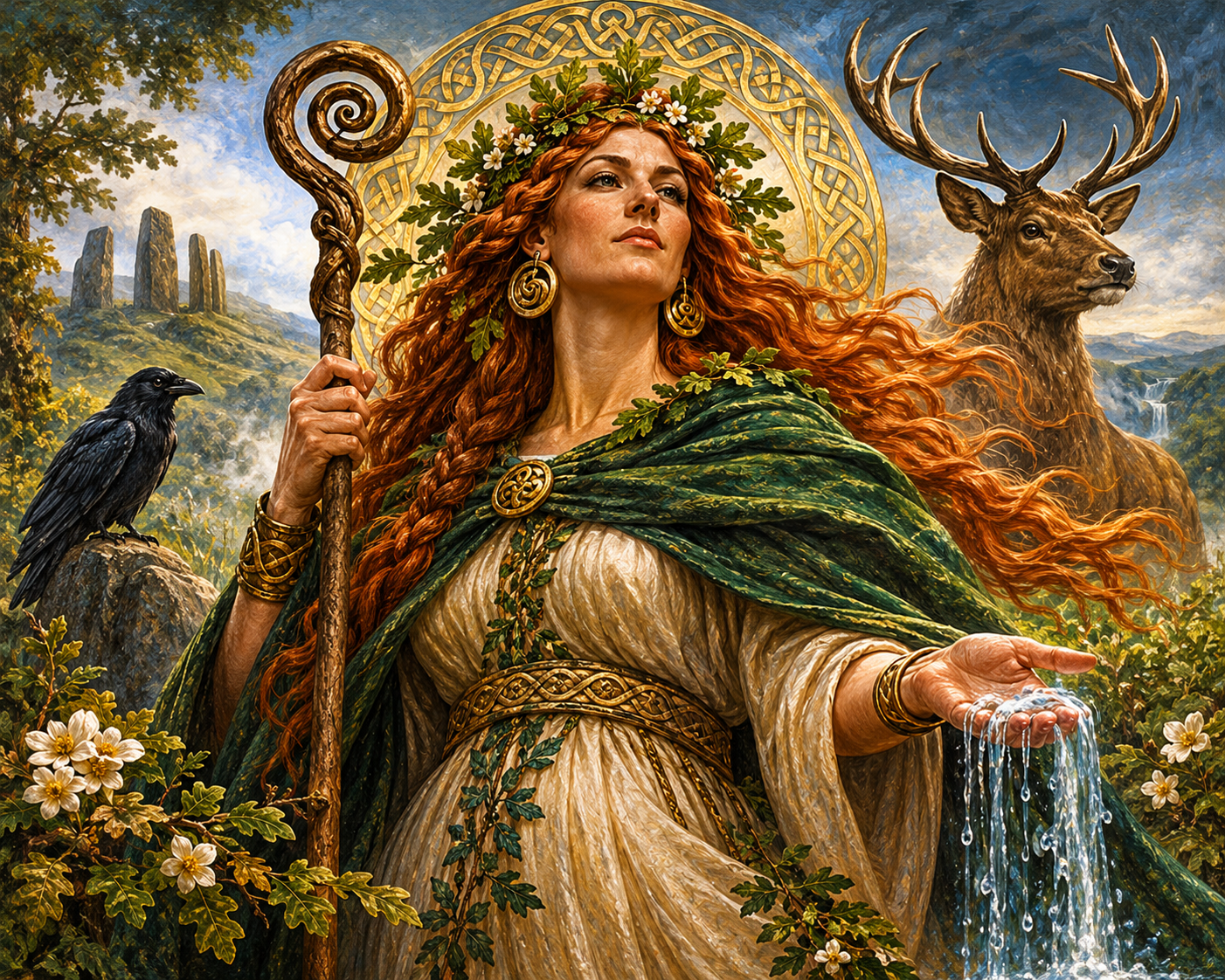 Original painted portrait of Danu as an ancestral Irish goddess, with an oak-leaf crown, spiral staff, raven, stag and flowing spring