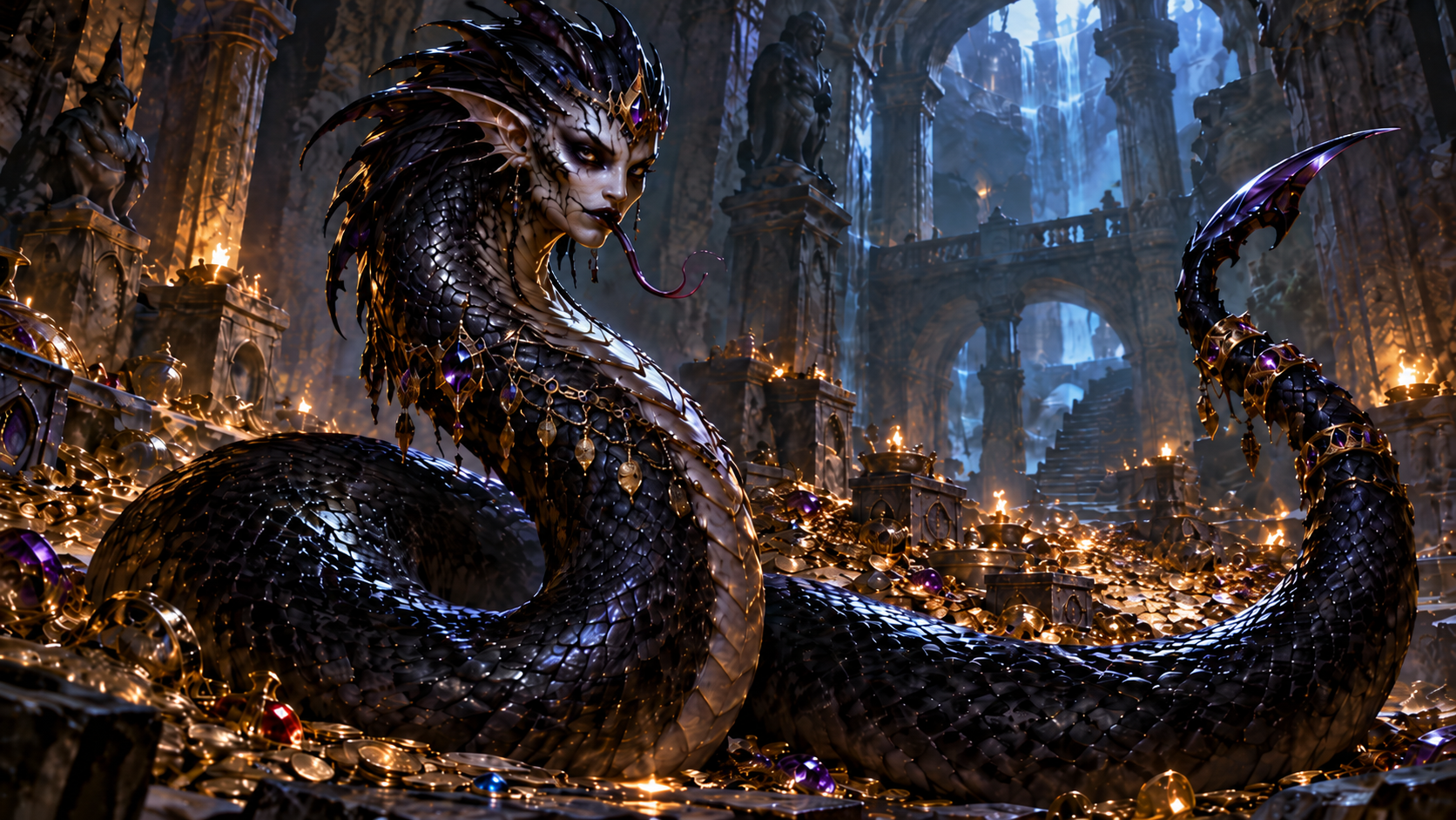 A dark naga with glossy black scales, a sharp humanoid face, jeweled adornments and a venomous barbed tail coiled among treasure in a ruined subterranean stronghold.