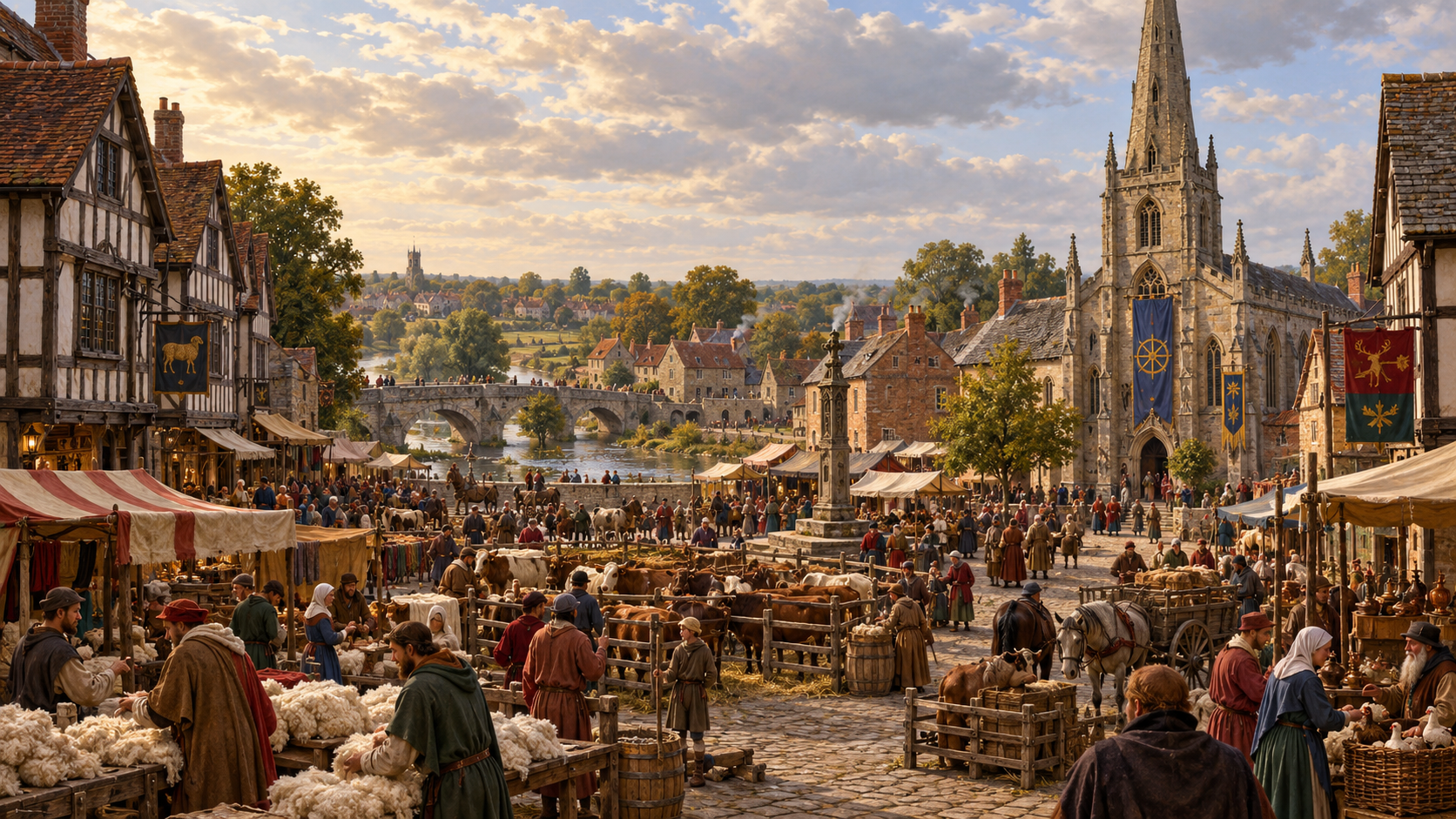 Painted medieval fantasy view of Darlington market with wool traders, livestock, the sacred hall and a crossing over the River Skerne