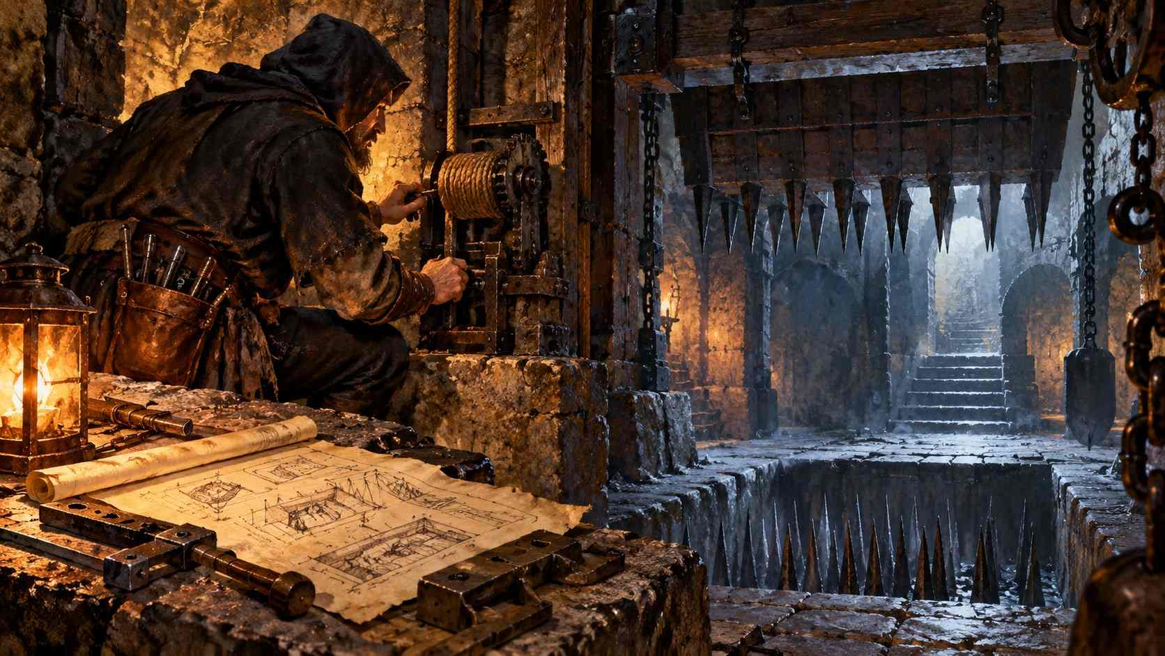 Medieval trap-maker operating a geared winch beside a chained portcullis, concealed spike pit and mechanical plans in a torchlit dungeon