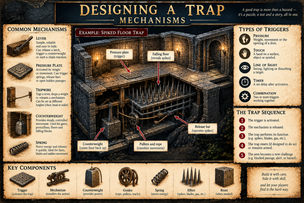 Designing traps: illustrated dungeon mechanisms, including pressure plates, tripwires, counterweights, winches, treasure triggers and safe bypass routes.