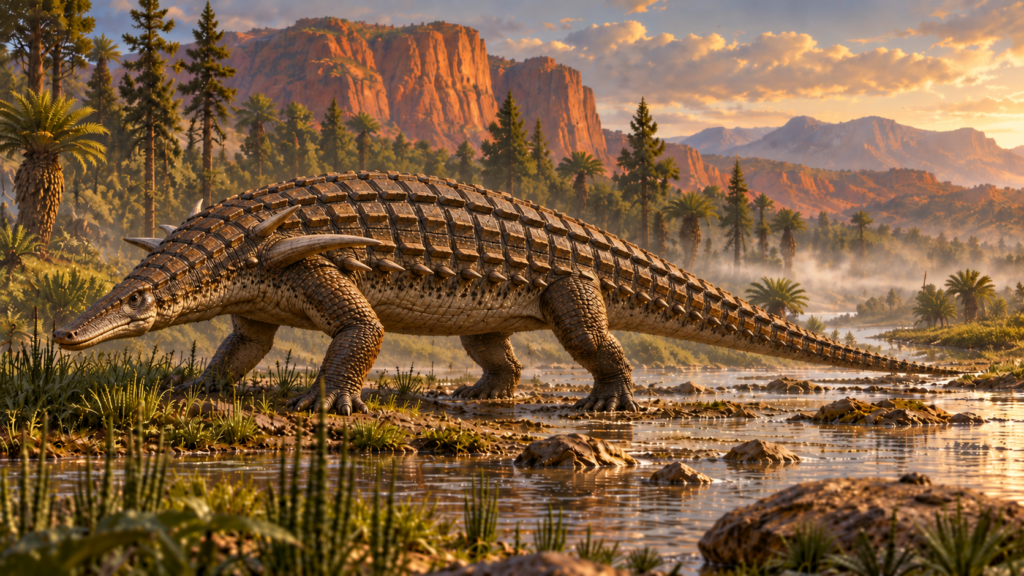 Painted reconstruction of Desmatosuchus, a low-slung Triassic aetosaur with rectangular back armour and curved shoulder spikes beside a river