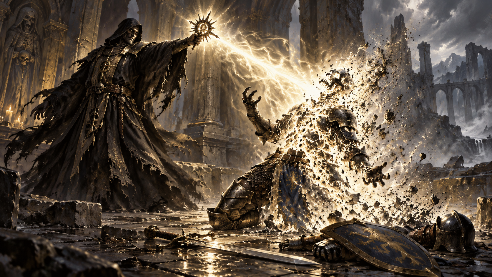 A hooded spellcaster unleashes a radiant blast that destroys an armoured foe, leaving weapons and possessions behind in a ruined hall