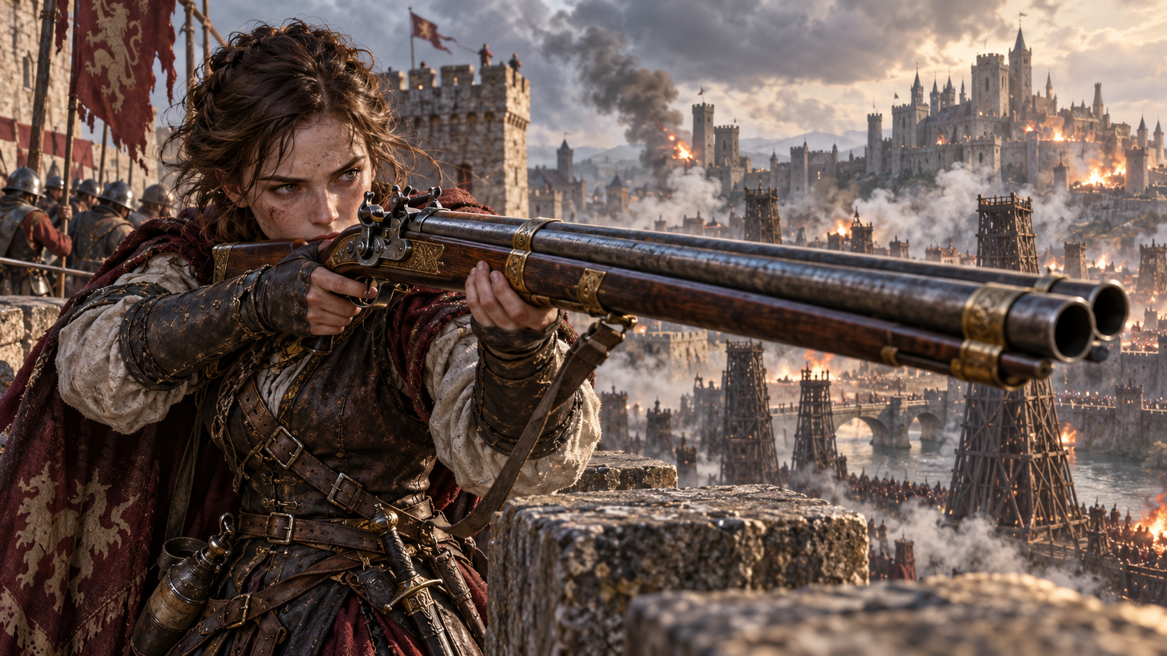 Female gunner aiming a double-barrelled musket from castle battlements during a siege
