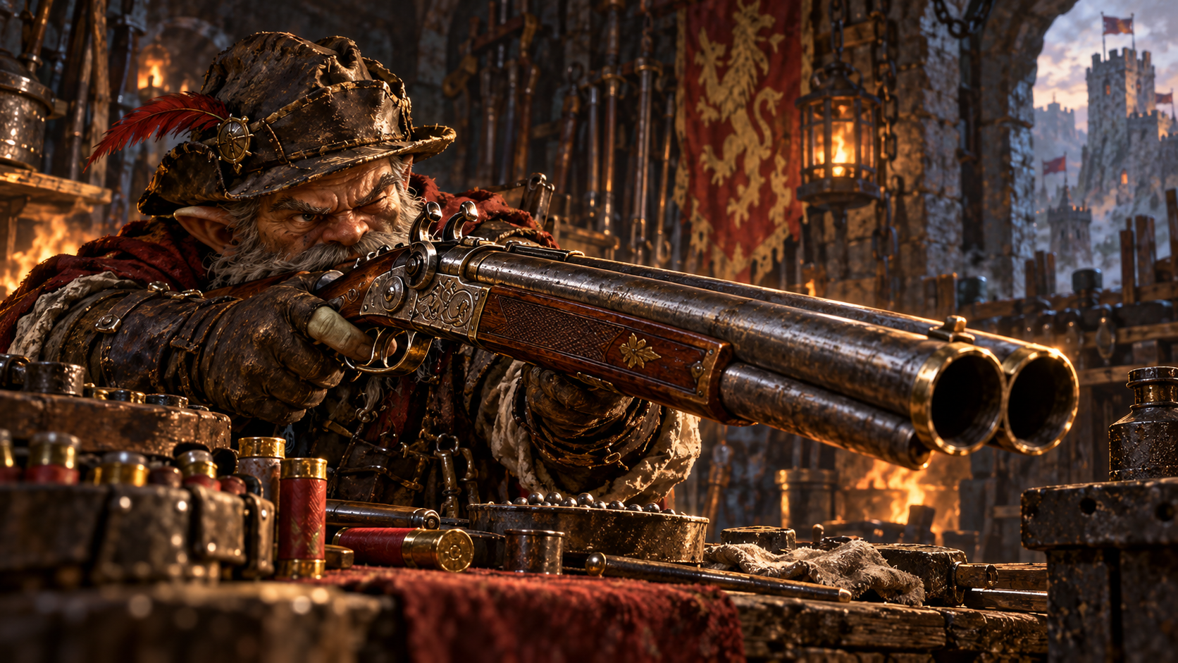 Gnome with an advanced double-barrelled shotgun in a fortress armoury