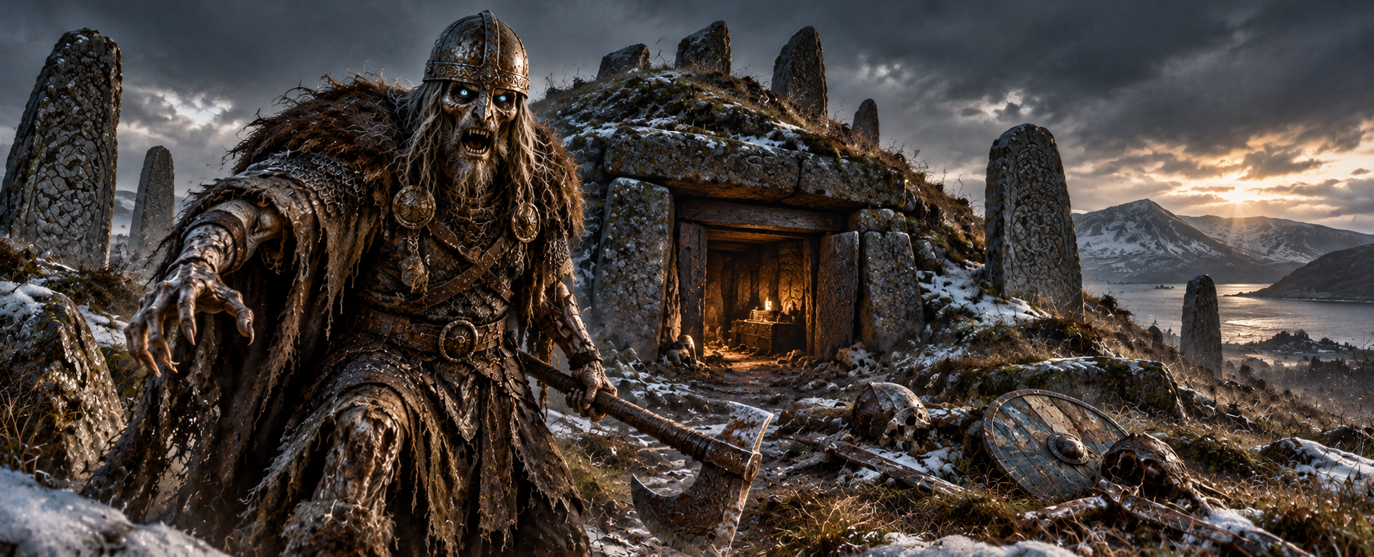A powerful corporeal Norse draugr revenant emerging from an ancient burial mound in weathered grave armour