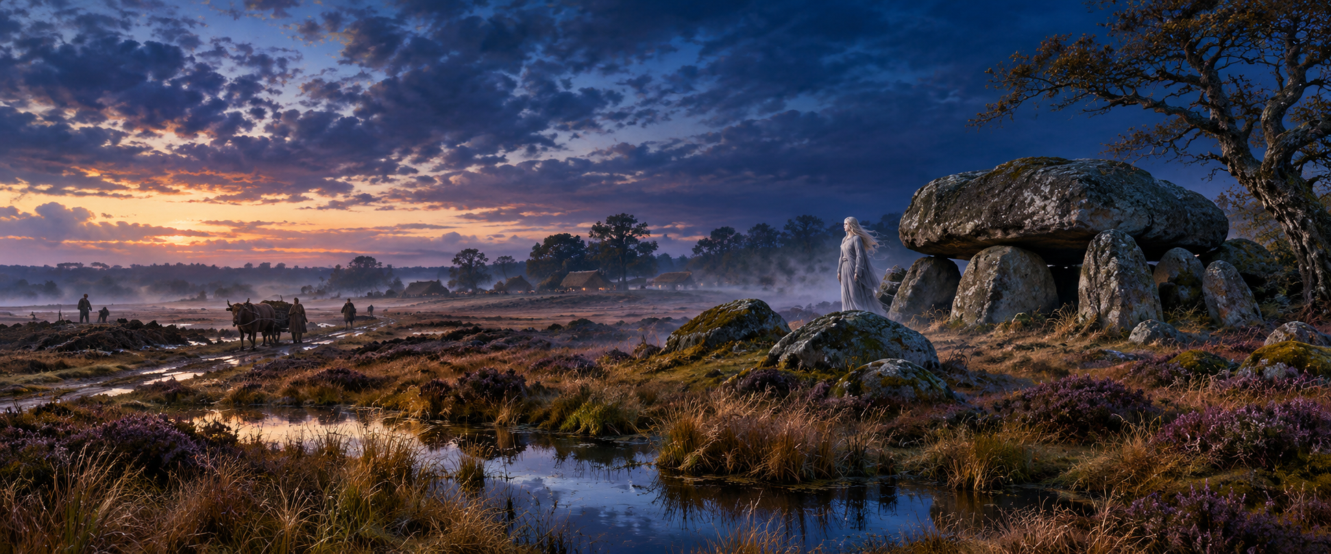 White mist-woman appearing beside prehistoric burial stones on the heath of Drenthe
