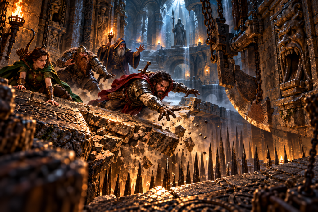 Four adventurers scramble away from a collapsing stone dungeon floor above a deep spike pit, with an enormous swinging axe trap and ancient mechanisms in the torchlit hall.
