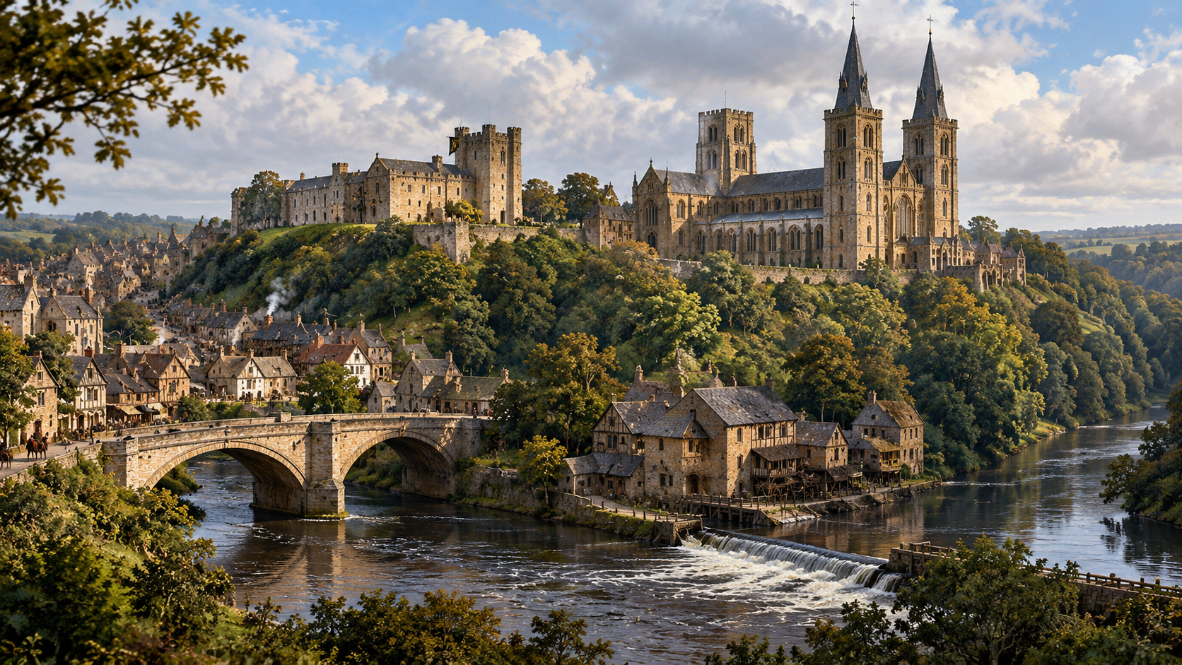 Painted historical fantasy reconstruction of medieval Durham: cathedral and castle above the wooded River Wear, stone bridge and riverside town