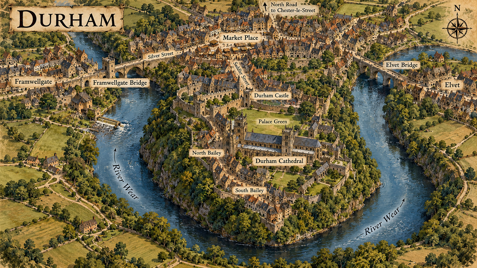 Illustrated campaign map of medieval Durham showing the River Wear loop, Durham Castle, Palace Green, Cathedral, Market Place, Framwellgate Bridge and Elvet Bridge