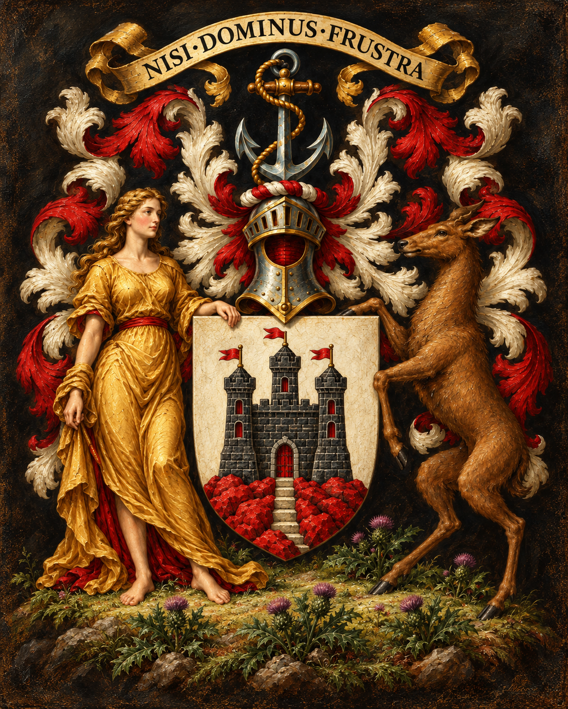 Painted burgh arms of Edinburgh with castle shield, anchor crest, maiden and deer supporters