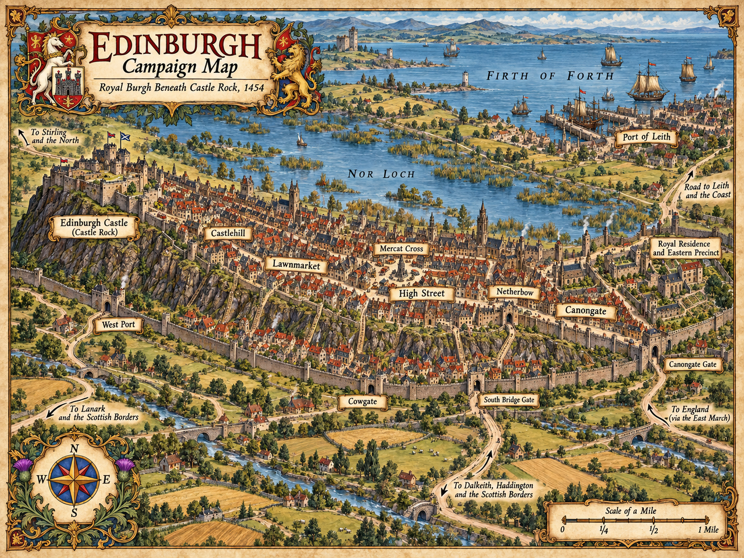 Illustrated campaign map of medieval Edinburgh showing Edinburgh Castle on Castle Rock, the High Street ridge, Nor Loch, Canongate, Leith and the Firth of Forth