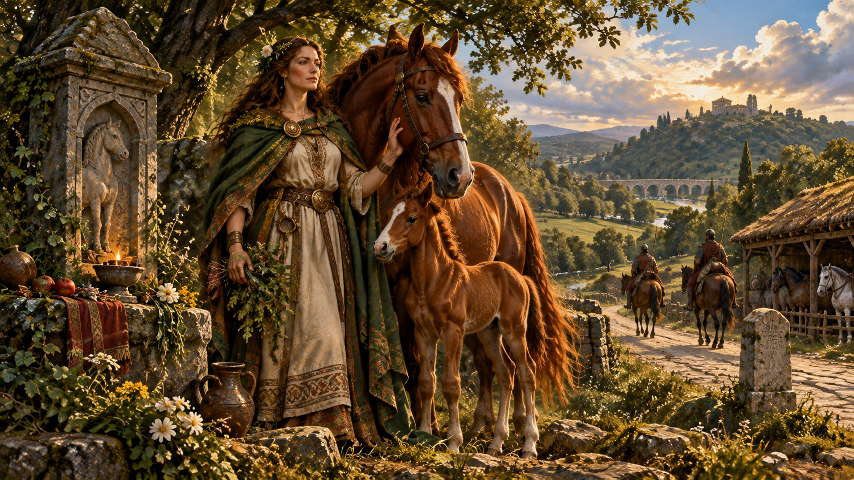 Epona, Gaulish goddess of horses, standing with a chestnut mare and foal beside a roadside shrine and cavalry road