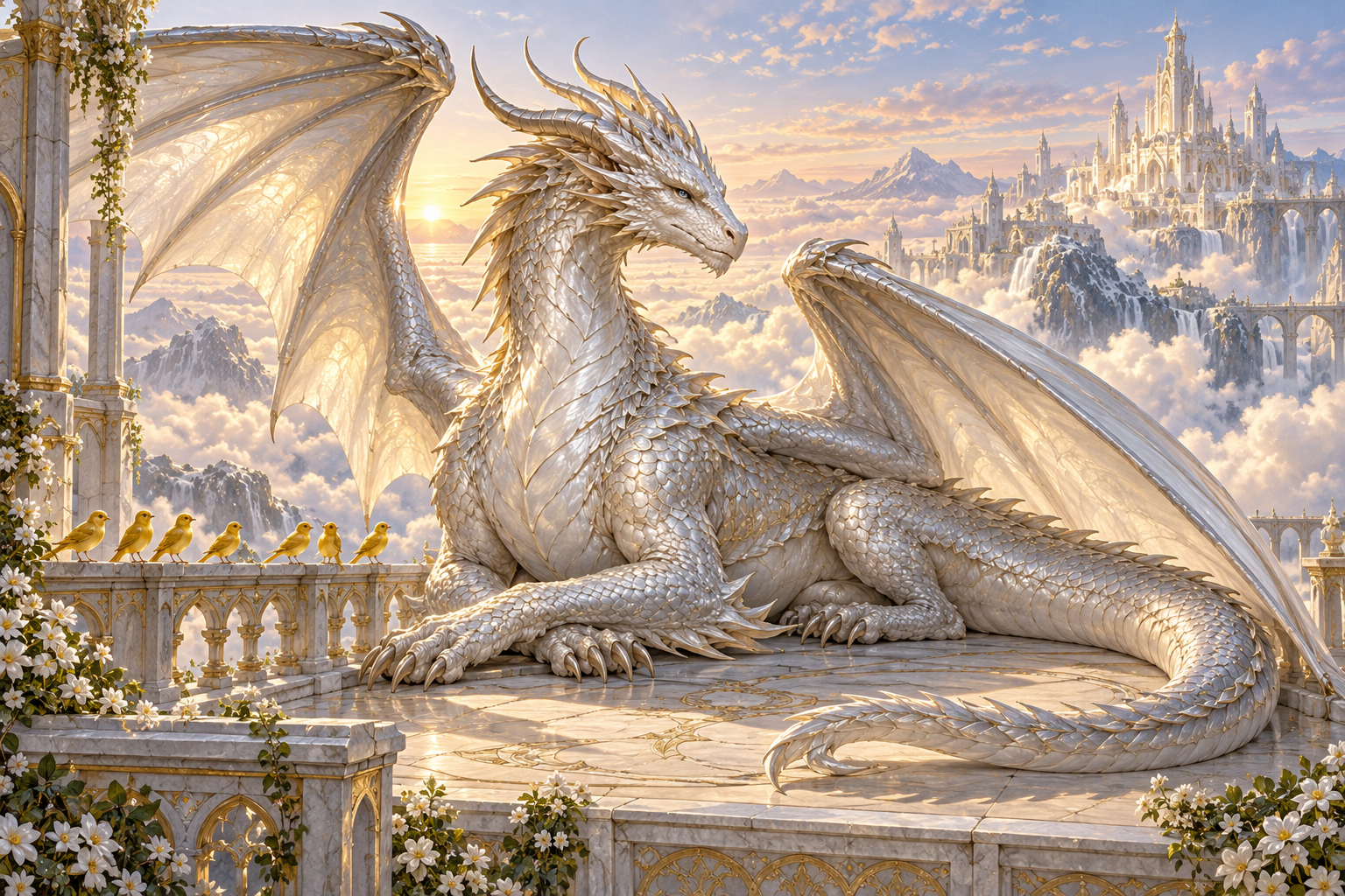 Bahamut, a platinum-scaled dragon, rests above the clouds beside seven golden canaries.