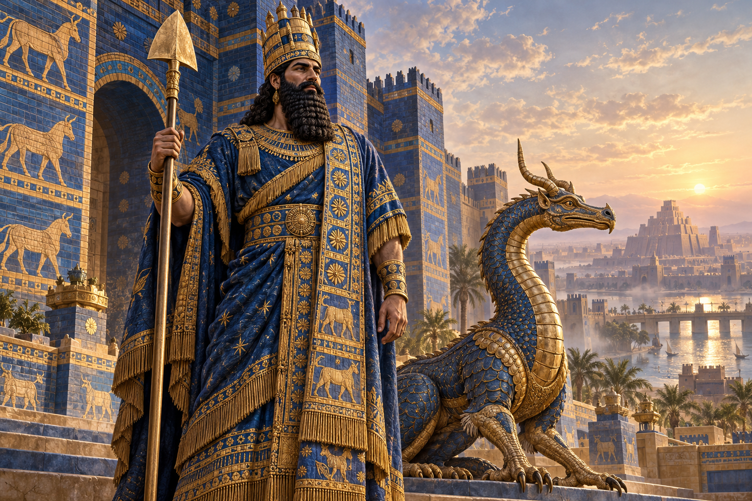 Marduk holds a triangular spade sceptre beside his wingless mušḫuššu guardian at the blue-glazed gates of Babylon.