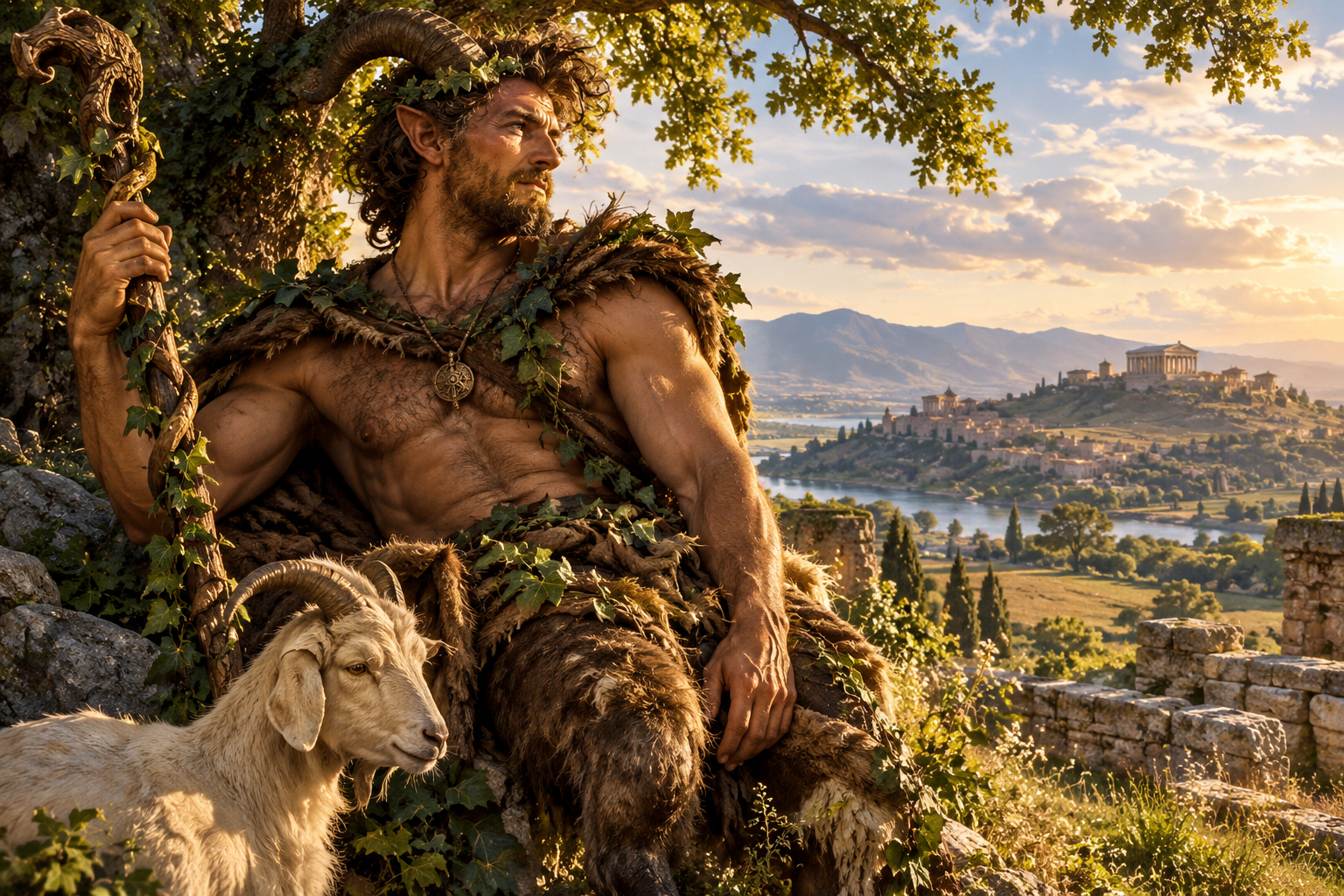 Faunus holds his rustic staff beside a grazing ram, with Latian hills and a river sanctuary beyond the grove