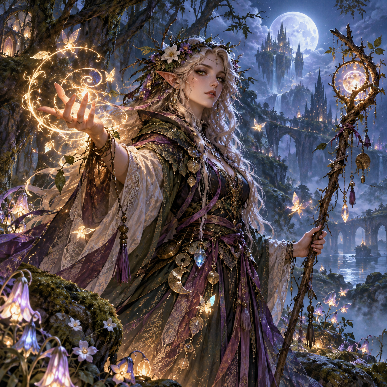 Fey Witch practitioner in an enchanted otherworld, showing patron magic, ritual charmwork and fey craft