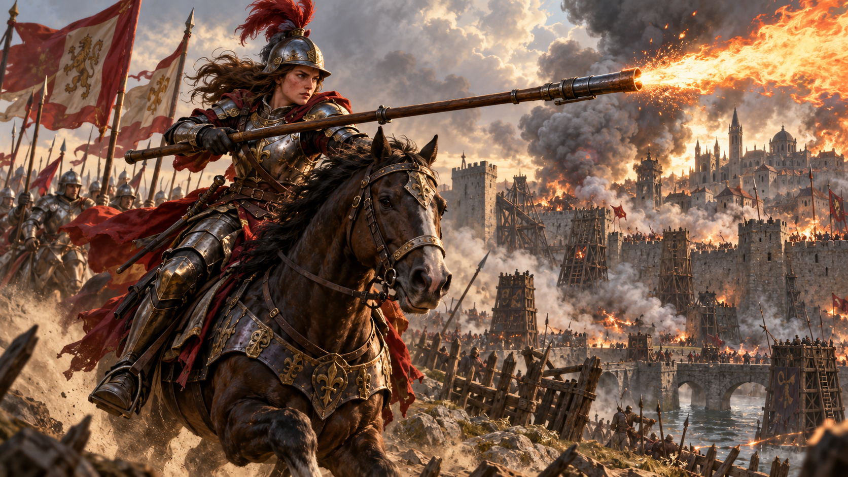 Female mounted gunner firing a primitive fire lance during a medieval siege