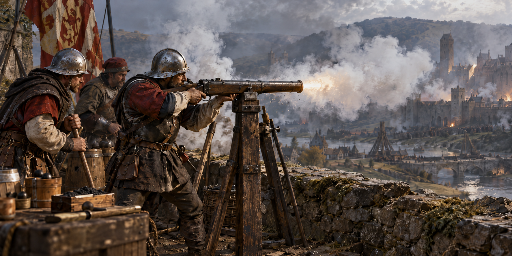 Early gunpowder weapon crew firing during a medieval siege