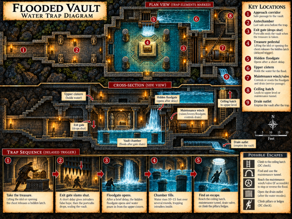 Cutaway and plan of a fantasy treasure vault: taking the treasure shuts the exit, a delayed sluice floods the chamber, and a drain, upper hatch and maintenance winch provide escape options.