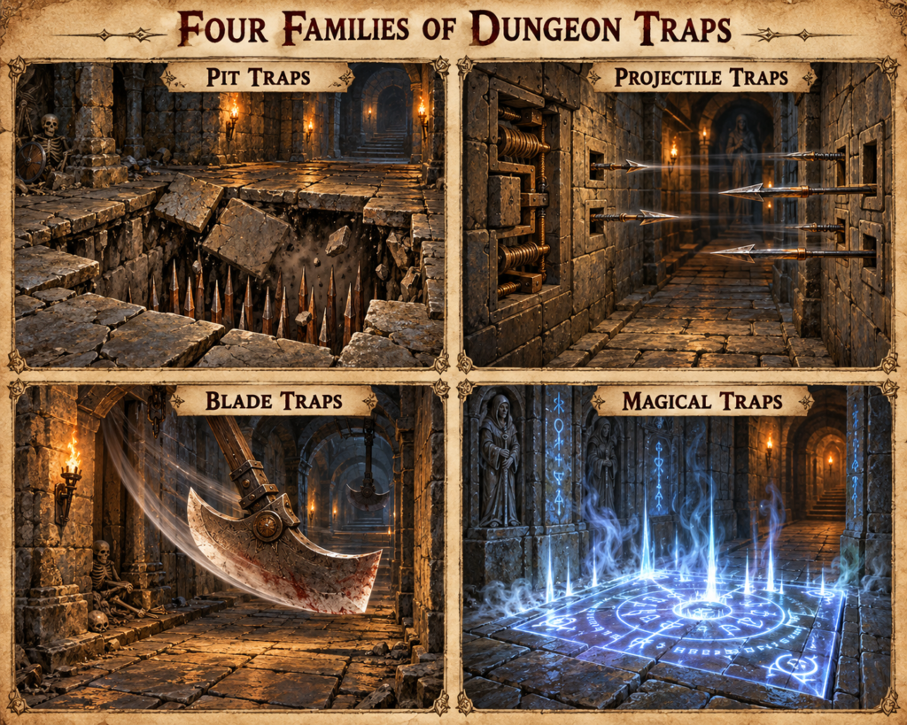 Four illustrated families of dungeon traps: a collapsing spike pit, concealed dart launchers, a swinging blade, and an arcane rune ward.