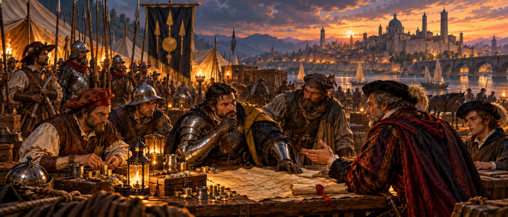 Free company captain negotiates a military contract with a patron beside a lantern-lit medieval riverside camp as a paymaster counts coins and armed soldiers stand guard