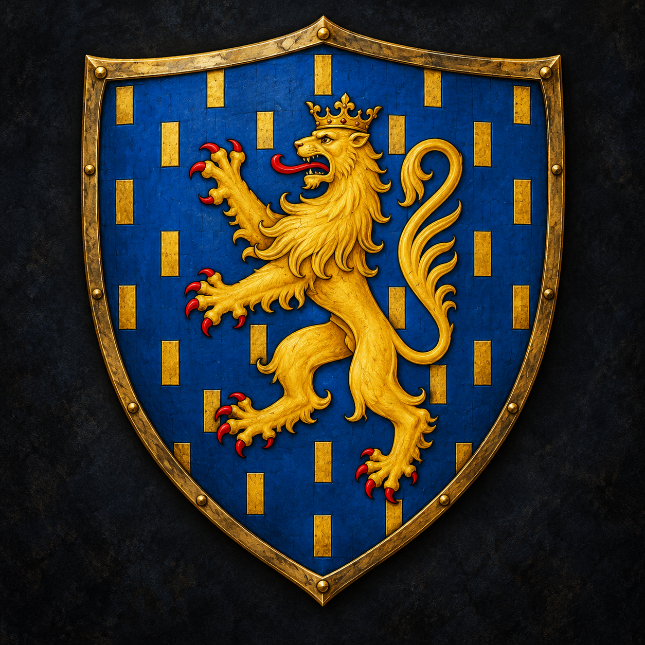 Free County of Burgundy shield: crowned golden lion with red claws and tongue on blue, scattered with gold billets