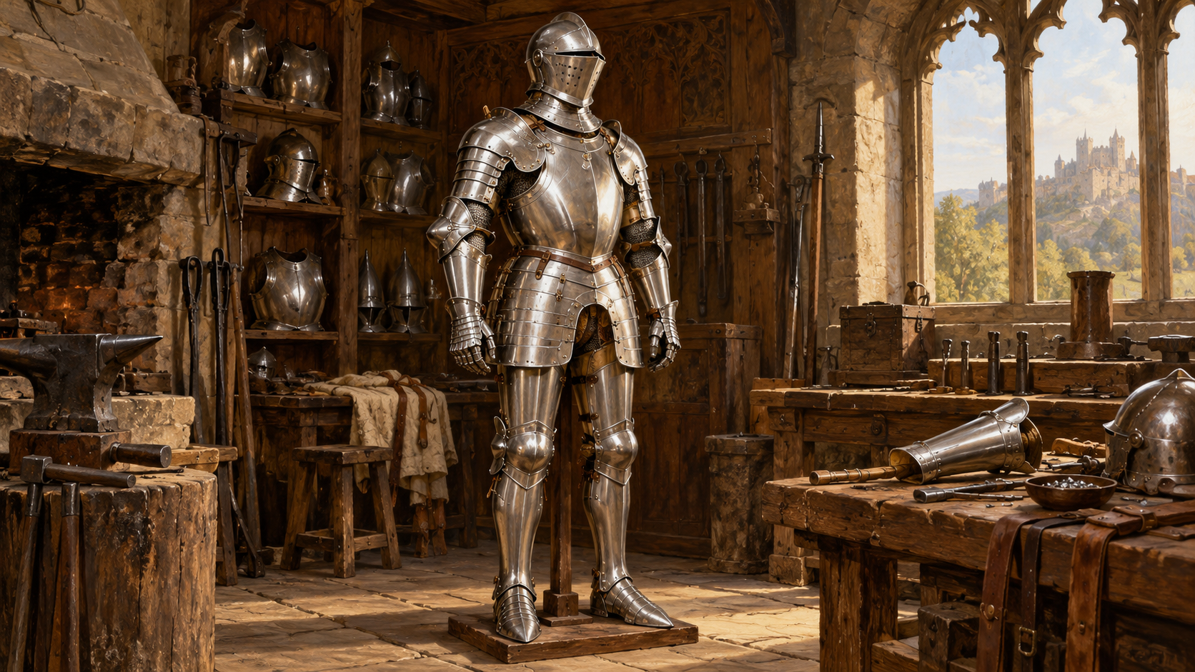 A complete articulated steel plate harness on an armourer's stand in a late-medieval workshop, with a glowing forge and tools