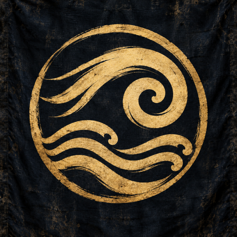 Painted Fūma Clan campaign emblem: a swirling gold wind above three waves on a dark Japanese-style war banner