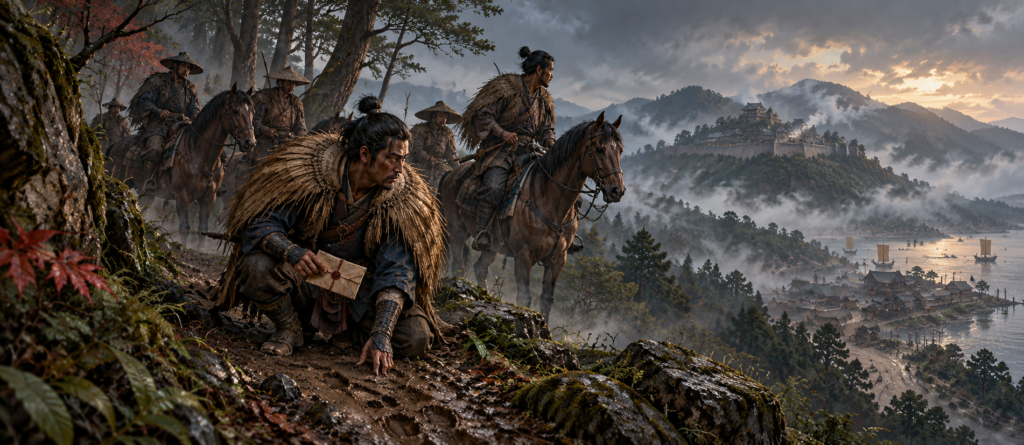 Fūma Clan scouts and mounted messengers watching a misty coastal valley from a wooded ridge in Sagami
