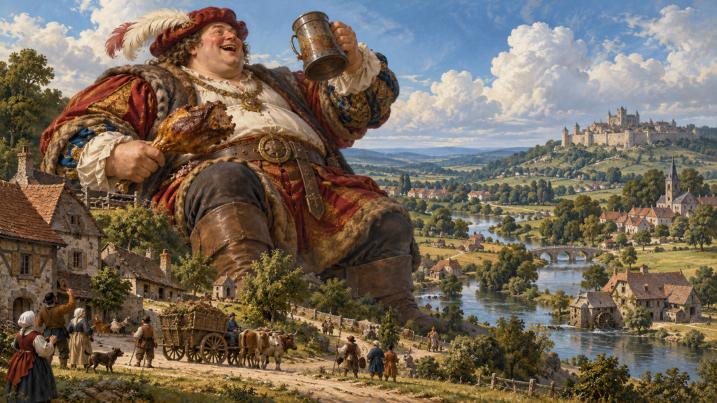 Gargantua, a richly dressed colossal French giant feasting above a medieval riverside village