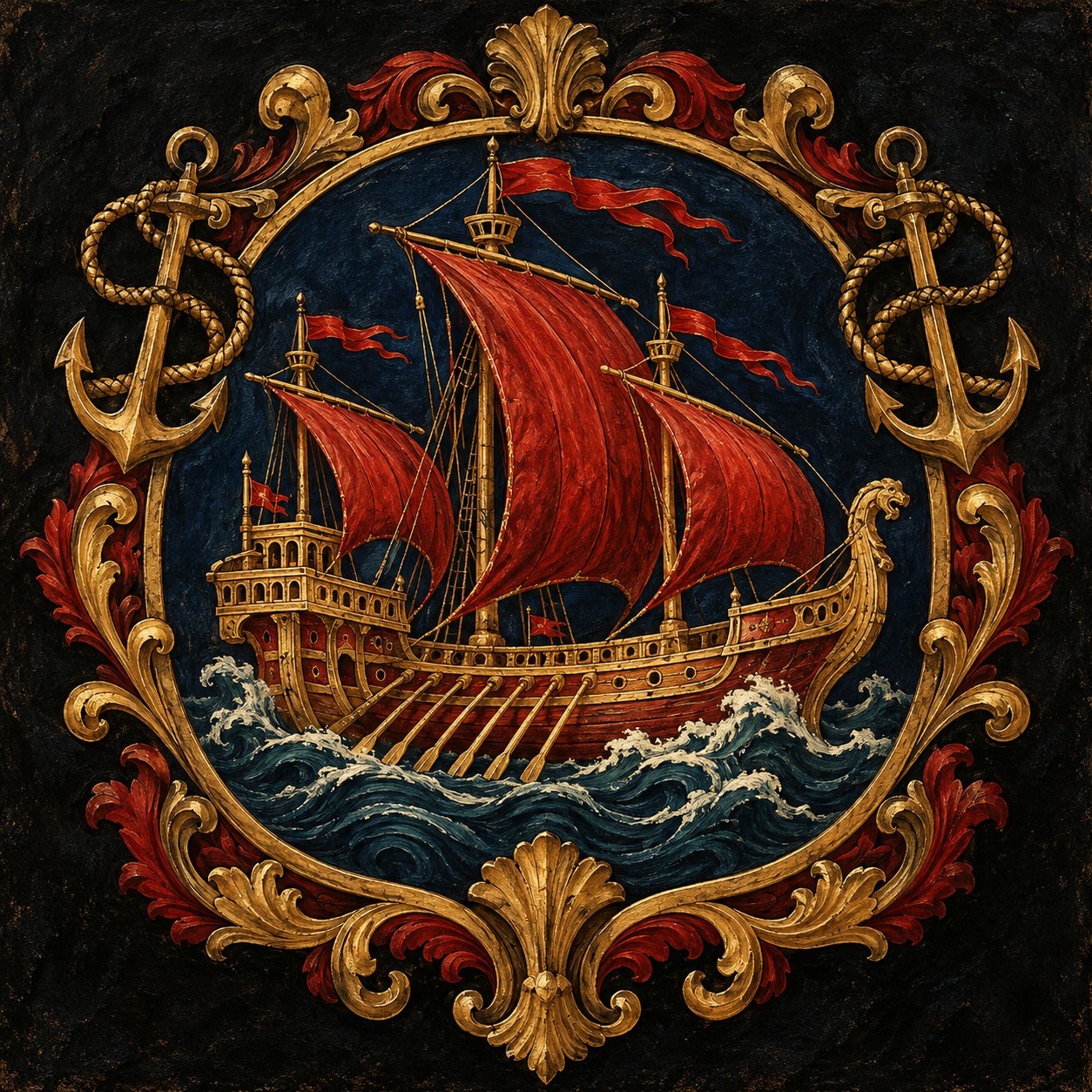 Painted maritime emblem of Genoa with a golden galley, crimson sails, maritime anchors and blue waves on a dark ground