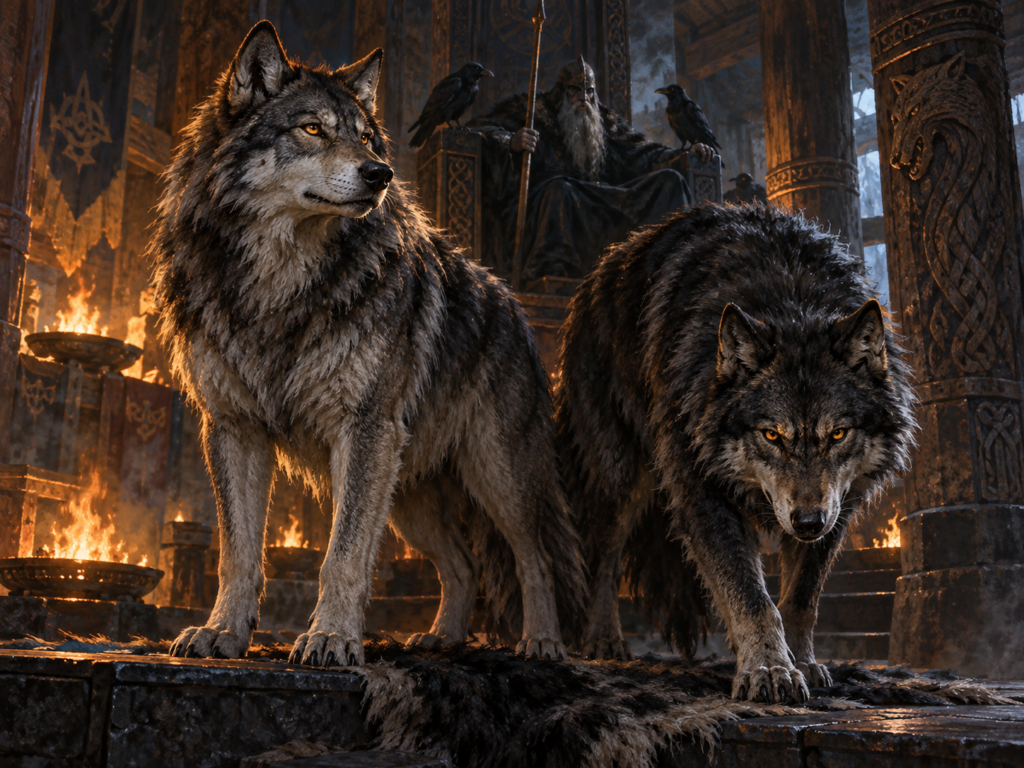 Geri and Freki, Odin's two wolves, resting alert beside a fire in a Norse hall