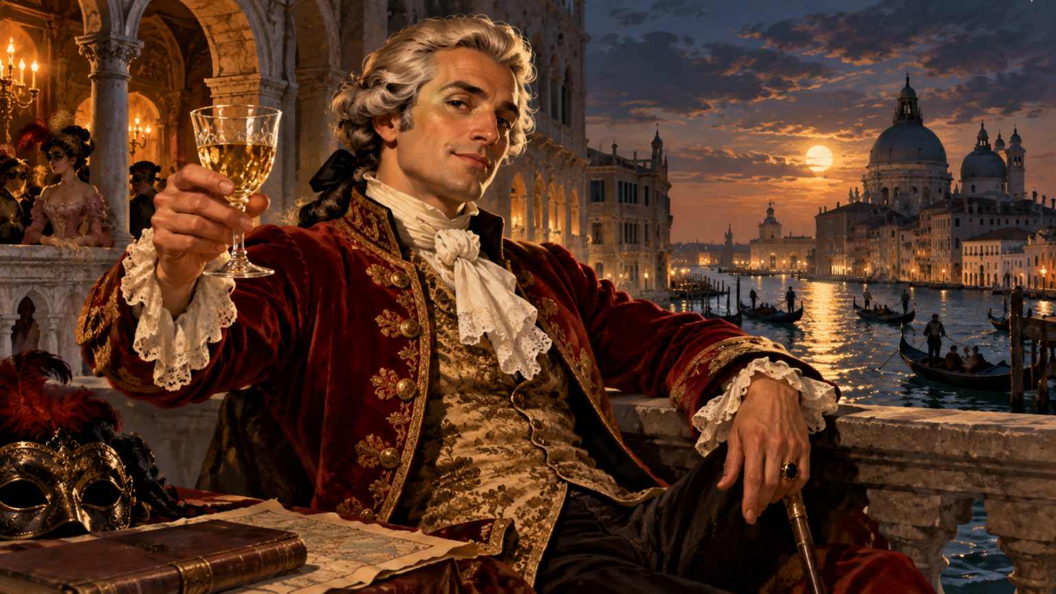 Giacomo Casanova raises a glass from a candlelit Venetian balcony, with masked guests and gondolas along the Grand Canal at dusk