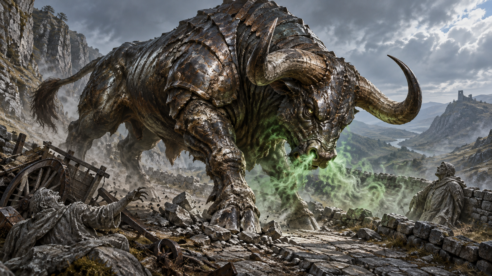 An enormous iron-hided gorgon bull breathing green petrifying vapour across a ruined mountain pass, with stone victims nearby