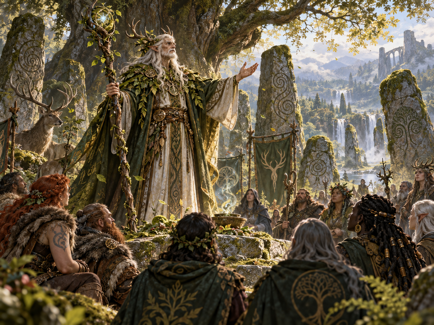 Non-human Grand Druid addressing a diverse woodland conclave beneath ancient trees