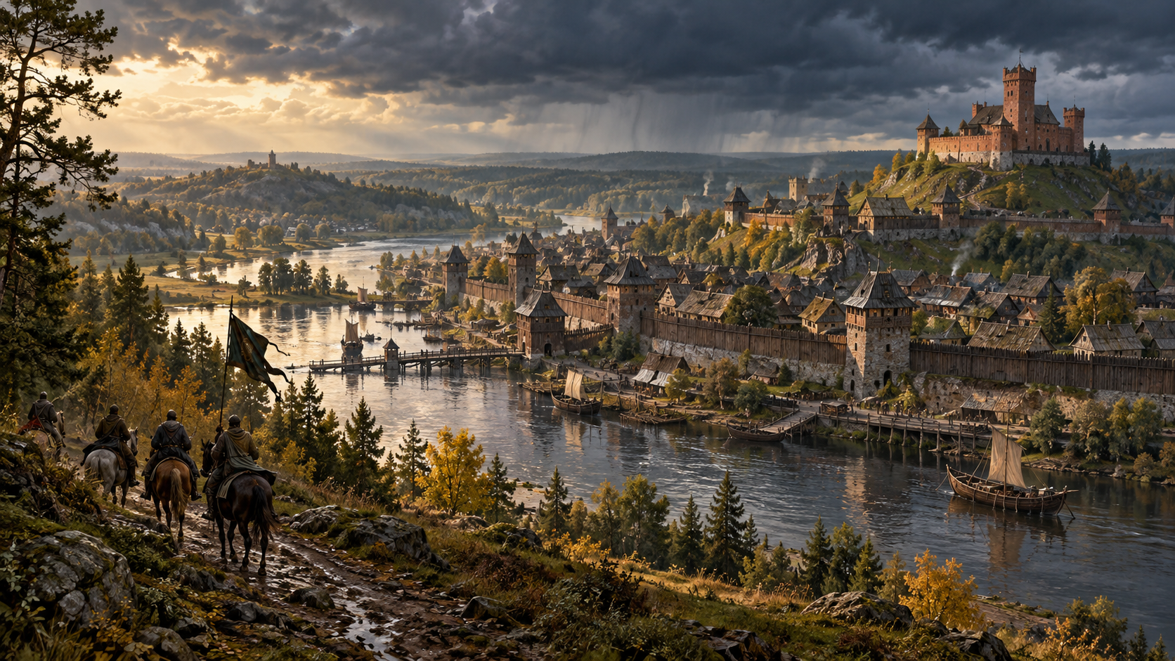 Armed riders approach a river town and hilltop fortress through the forested lands of Lithuania