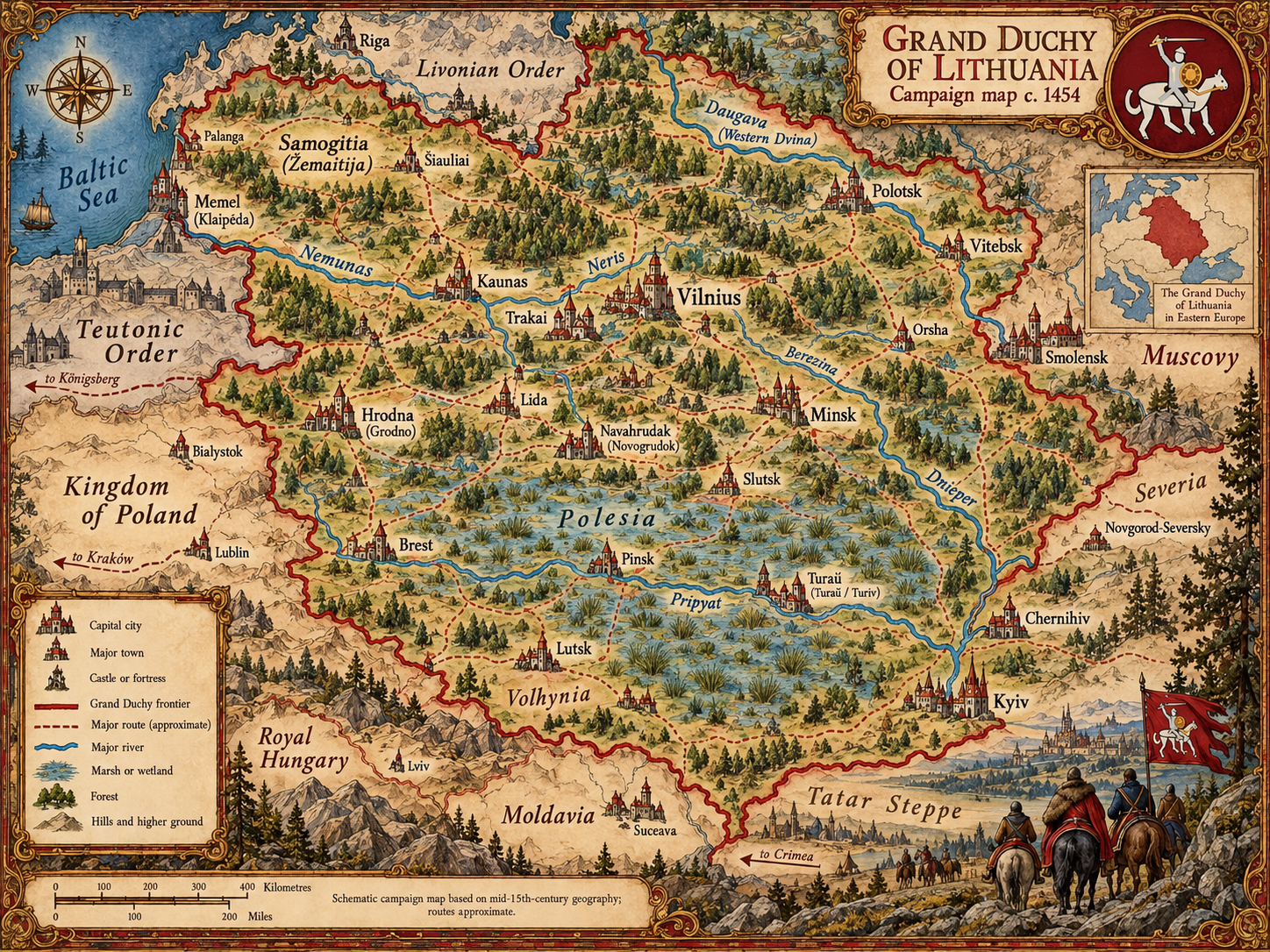 Schematic campaign map linking Vilnius, Trakai, Kaunas, Hrodna, Polotsk, Minsk, Smolensk, Pinsk, Brest, Lutsk and Kyiv by major travel routes and rivers