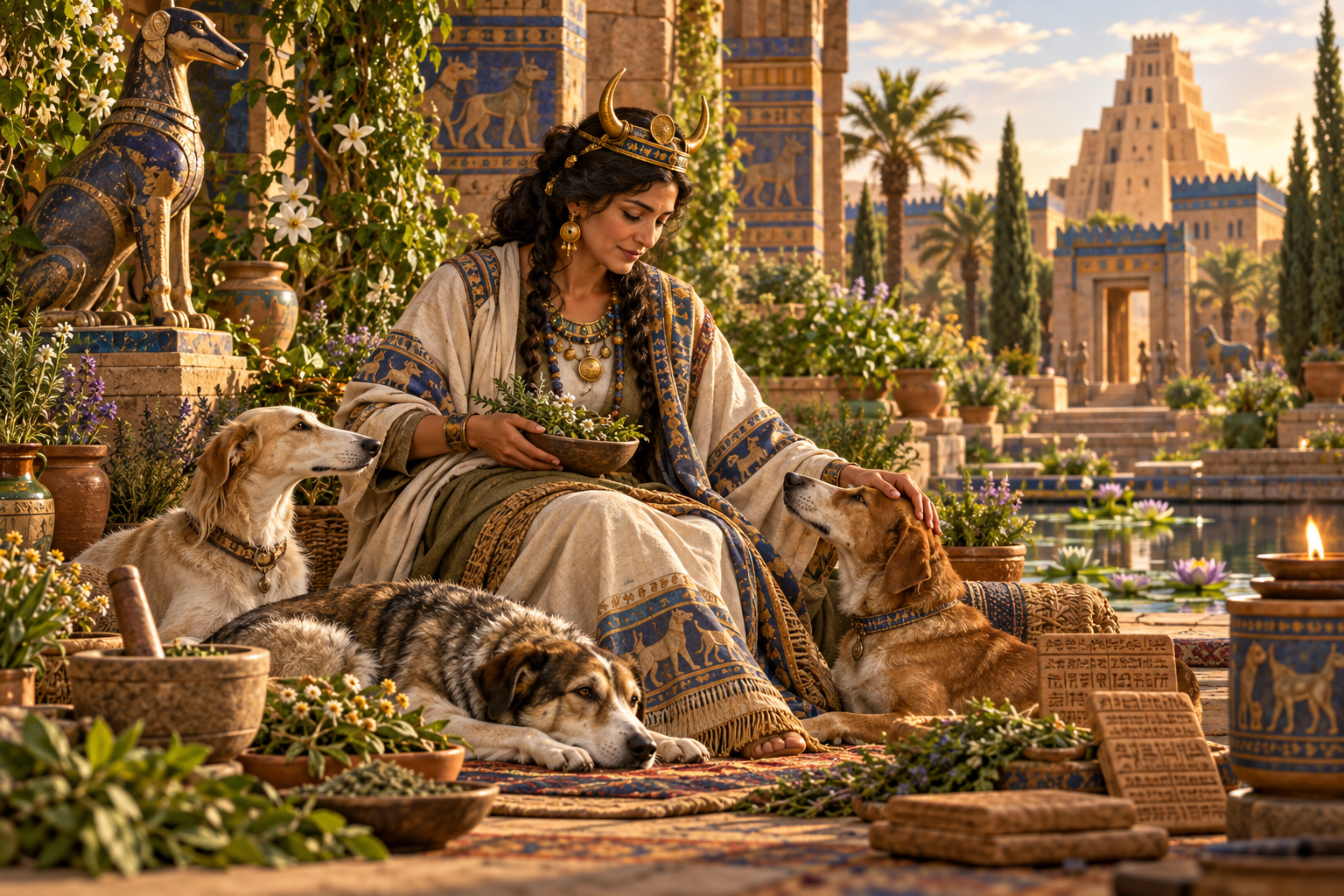 Gula, Mesopotamian goddess of healing, in a medicinal garden with sacred dogs.